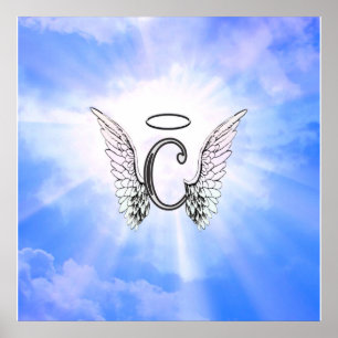 Initiaal Monogram C met Angel Wings, Halo Clouds Poster