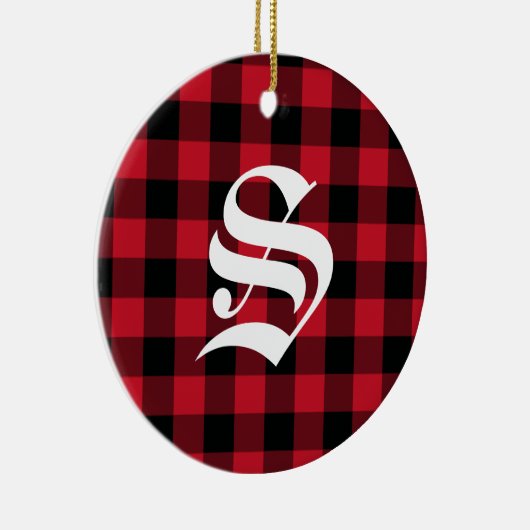 Initiaal Monogram Rood Zwart Buffel Check Plak Keramisch Ornament (Rechts)