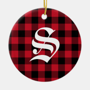 Initiaal Monogram Rood Zwart Buffel Check Plak Keramisch Ornament