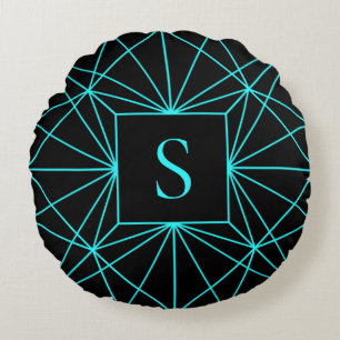 Initiaal monogram   Turquoise geometrisch ontwerp Rond Kussen