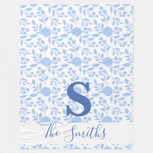 Initiaal Monogram Wit en Licht Blauw Floral Fleece Deken