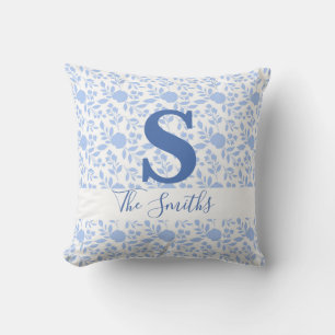 Initiaal Monogram Wit en Licht Blauw Floral Kussen