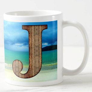 Initiaal Monogram Wooden Letter J Beach Ocean Scen Koffiemok