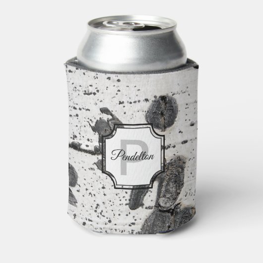 Initiaal monogram | Zwart Wit Aspen Bark Foto Blikjeskoeler (Blikje Achterkant)