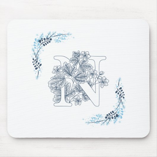 Initiaal "N" Blauw Monogram Kalm Bloemen Muismat (Voorkant)