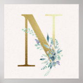 Initiaal N Golden en Blue Floral Monogram Poster (Voorkant)