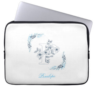 Initiaal "P" Blauw Monogram Kalm Bloemen Laptop Sleeve