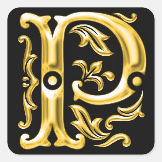 Initiaal P Hoofdletter Monogram Sticker in Goud (Voorkant)