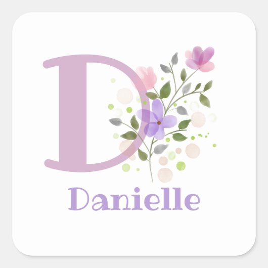 Initiaal Plus Naam & Bloemen. Floral Vierkante Sticker (Voorkant)