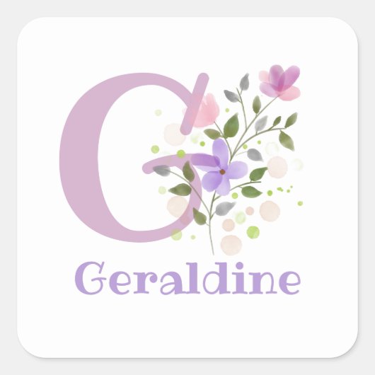 Initiaal Plus Naam Geraldine & Flowers Design Vierkante Sticker (Voorkant)