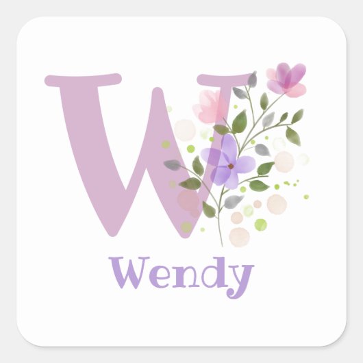 Initiaal Plus naam Wendy Floral Design Vierkante Sticker (Voorkant)