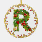 initiaal R monogrammed kerstversiering - cirkel Keramisch Ornament (Voorkant)