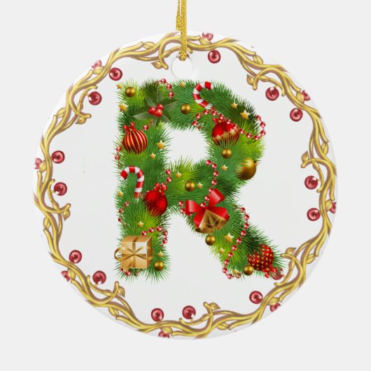 initiaal R monogrammed kerstversiering - cirkel Keramisch Ornament (Achterkant)