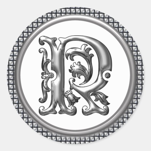 Initiaal R Ronde Sticker in Zilver (Voorkant)