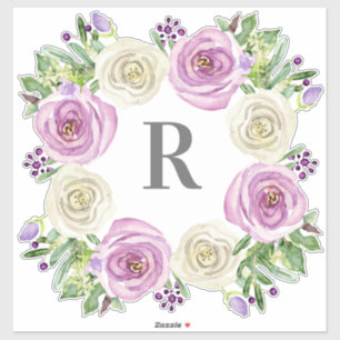Initiaal R Waterverf Paarse n witte bloemenkrans Sticker