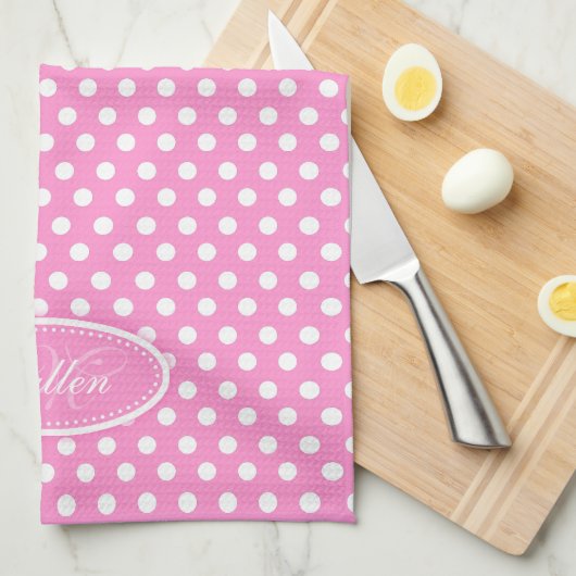 Initiaal roze en witte polka dot name theedoek (Quarter Fold)