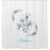 Initiaal "S" Blauw Monogram Kalm Bloemen Douchegordijn (Voorkant)