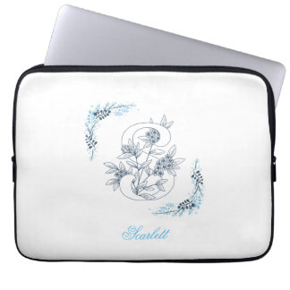 Initiaal "S" Blauw Monogram Kalm Bloemen Laptop Sleeve