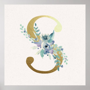 Initiaal S Golden en Blue Floral Monogram Poster