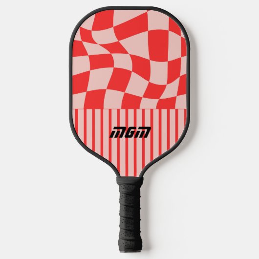 Initiaal schattig roze en rood trendy geruite stre pickleball paddle (Voorkant)