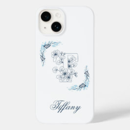 Initiaal "T" Blauw Monogram Kalm Bloemen Case-Mate iPhone 14 Hoesje