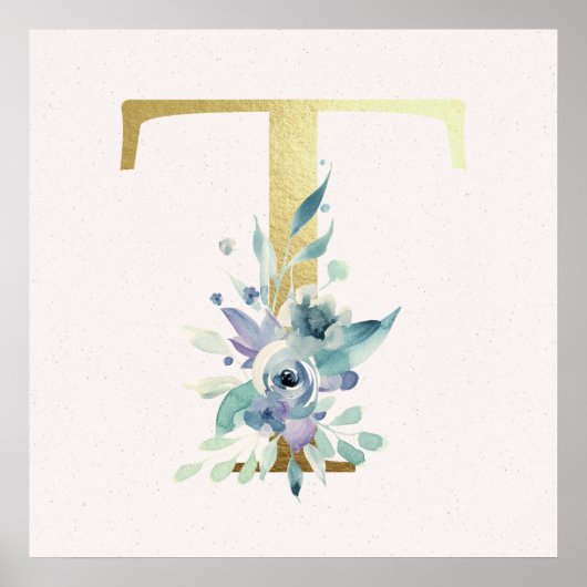 Initiaal T Golden en Blue Floral Monogram Poster (Voorkant)
