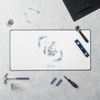 Initiaal "U" Blauw Monogram Kalme Bloemen Bureaumat