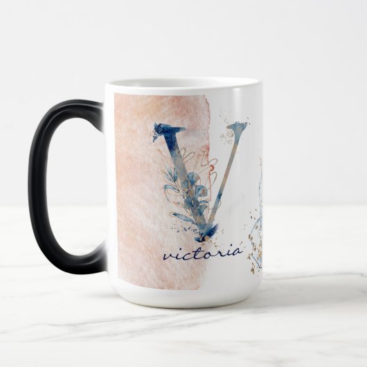 Initiaal V Moderne Elegant Ocean Gold Waterverf Magische Mok (Links)