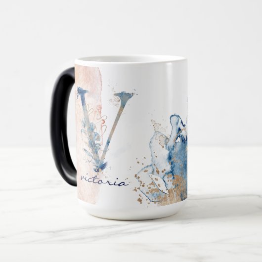 Initiaal V Moderne Elegant Ocean Gold Waterverf Magische Mok (Voorkant links)