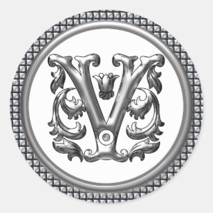 Initiaal V Ronde Sticker in Zilver