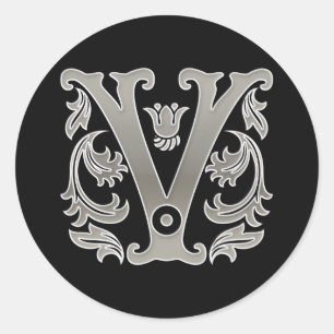 Initiaal V Ronde Sticker in zilver