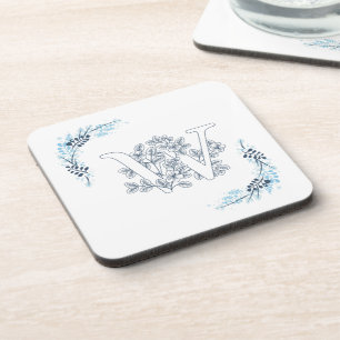 Initiaal "W" Blauw Monogram Kalme Bloemen Bier Onderzetter