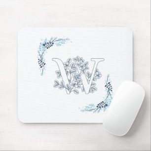 Initiaal "W" Blauw Monogram Kalme Bloemen Muismat