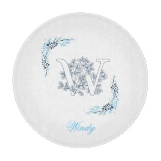 Initiaal "W" Blauw Monogram Kalme Bloemen Snijplank