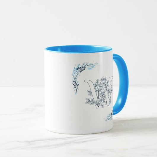 Initiaal "W" Blauw Monogram Kalme Bloemenkoffie Mok (Voorkant rechts)