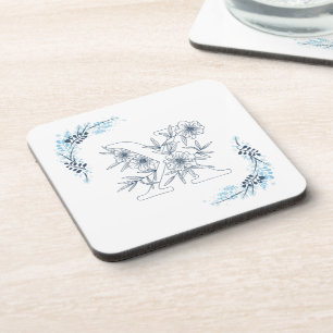 Initiaal "X" Blauw Monogram Kalm Bloemen Bier Onderzetter