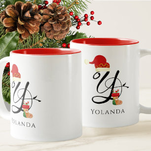Initiaal Y Modern Name Script Elegant Christmas Tweekleurige Koffiemok