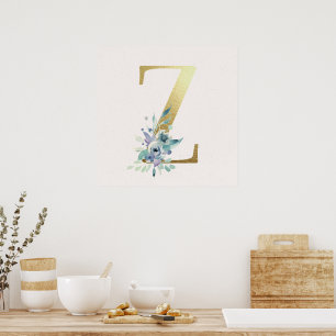 Initiaal Z Golden en Blue Floral Monogram Poster