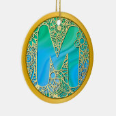 Initial Monogram M Christmas - Gold, Teal & Blue Keramisch Ornament (Rechts)