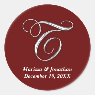 Initial T wine red monogram custom name favor seal Ronde Sticker