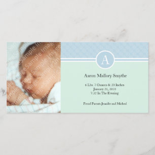 Initiale Blue Green Boy Nouveau bébé Cartes photos