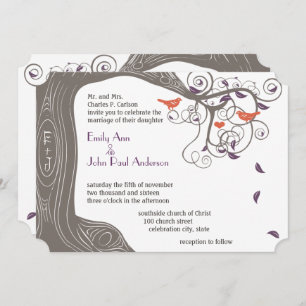 Initialen Boom Tangerine Bird Wedding Invitation Kaart
