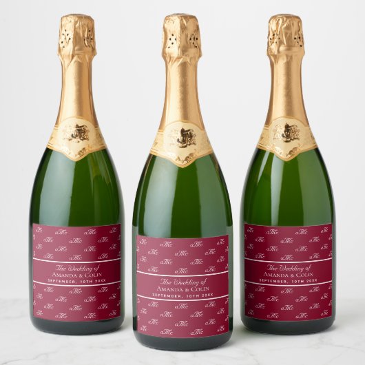 Initialen bruiloft met een Bourgogne monogram Sparkling Wijnetiket (Flessen)