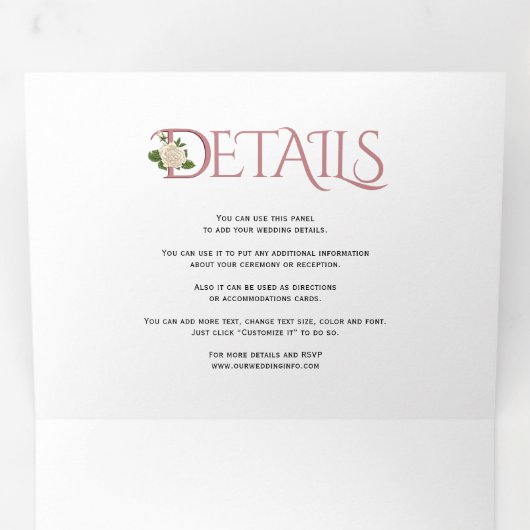 Initialen en ampersand van roos, met roos drieluik uitnodiging (Binnenzijde eerst)