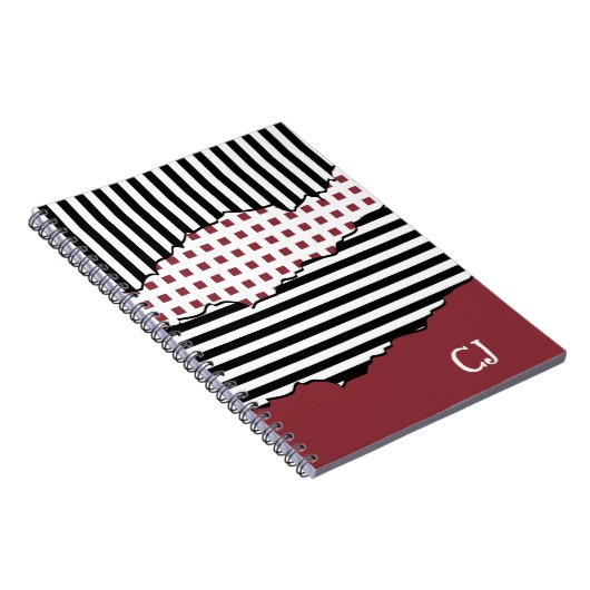 Initialen Stripes Net gelaagd zwart, wit en rood Notitieboek (Rechterzijde)