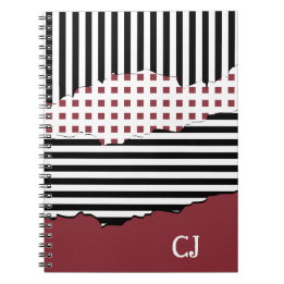 Initialen Stripes Net gelaagd zwart, wit en rood Notitieboek