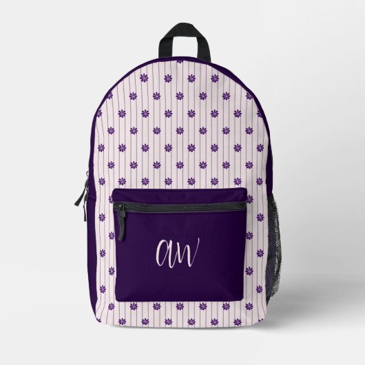 Initialen Violet & Blush Stripes - Paarse Bloemen Bedrukte Rugzak (Voorkant)