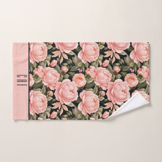Initiales de monogramme Rose pêche Fleurs de douch (Serviette à main)