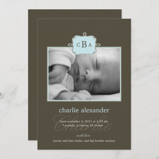 Initiales encadrées Faire-part de naissance - bleu (Devant / Derrière)