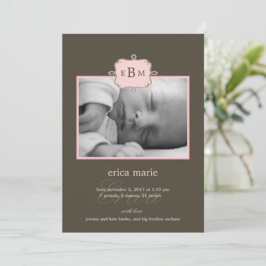 Initiales encadrées Faire-part de naissance - rose (Debout devant)